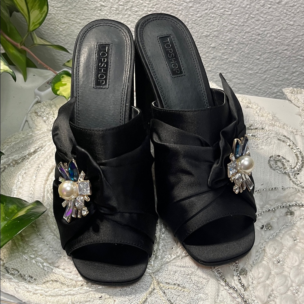 EUC Topshop Black Satin Mules with Jewel Embellishments - Picture 2 of 16